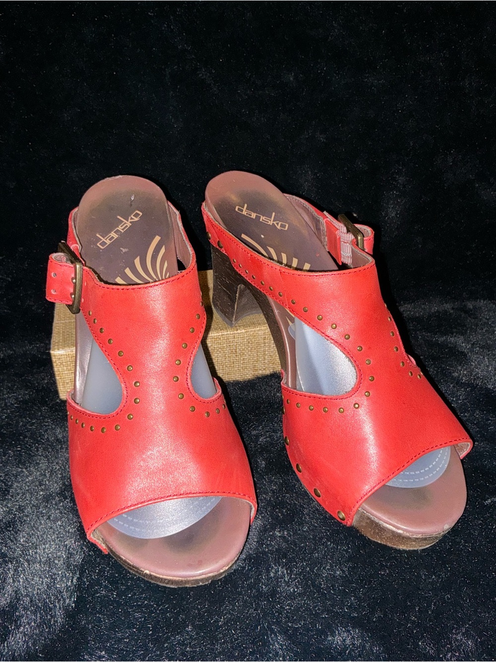 Dansko Red Leather Studded Open-Toe Mules Size 42